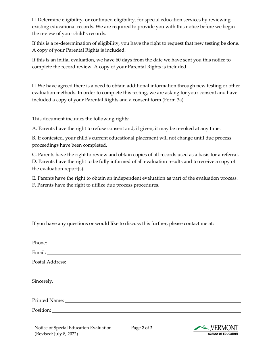 Form 3 Prior Written Notice for Special Education Evaluation - Vermont, Page 2
