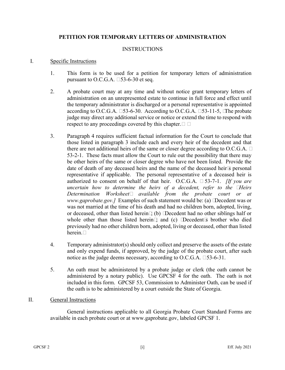 Form GPCSF2 Petition for Temporary Letters of Administration - Georgia (United States), Page 1