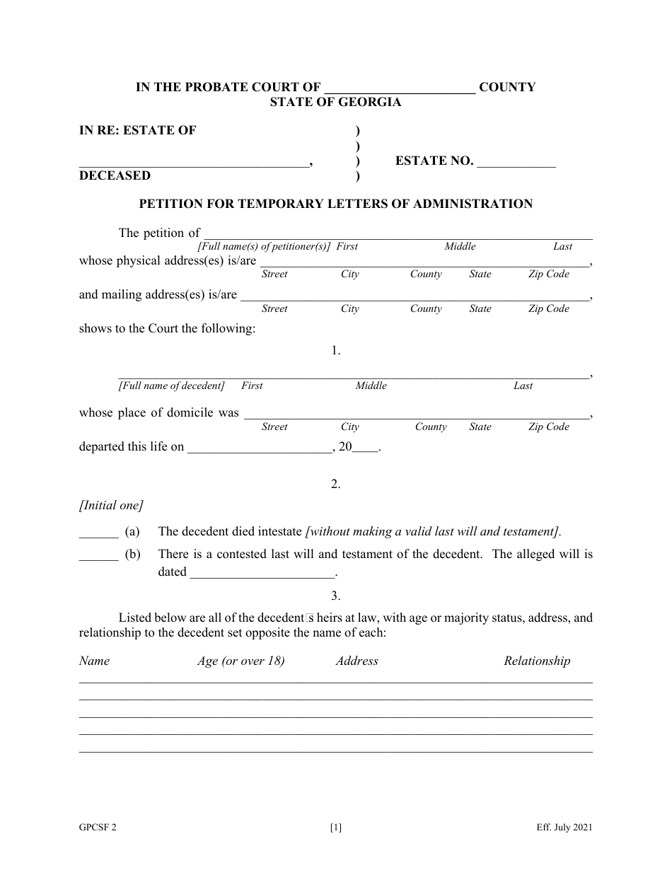 Form GPCSF2 Petition for Temporary Letters of Administration - Georgia (United States), Page 2