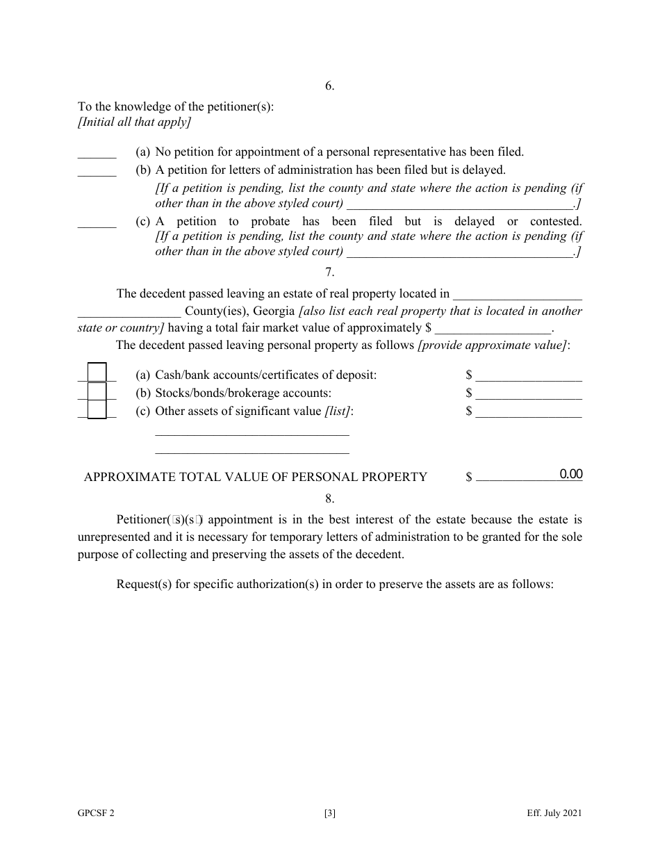 Form GPCSF2 Petition for Temporary Letters of Administration - Georgia (United States), Page 4