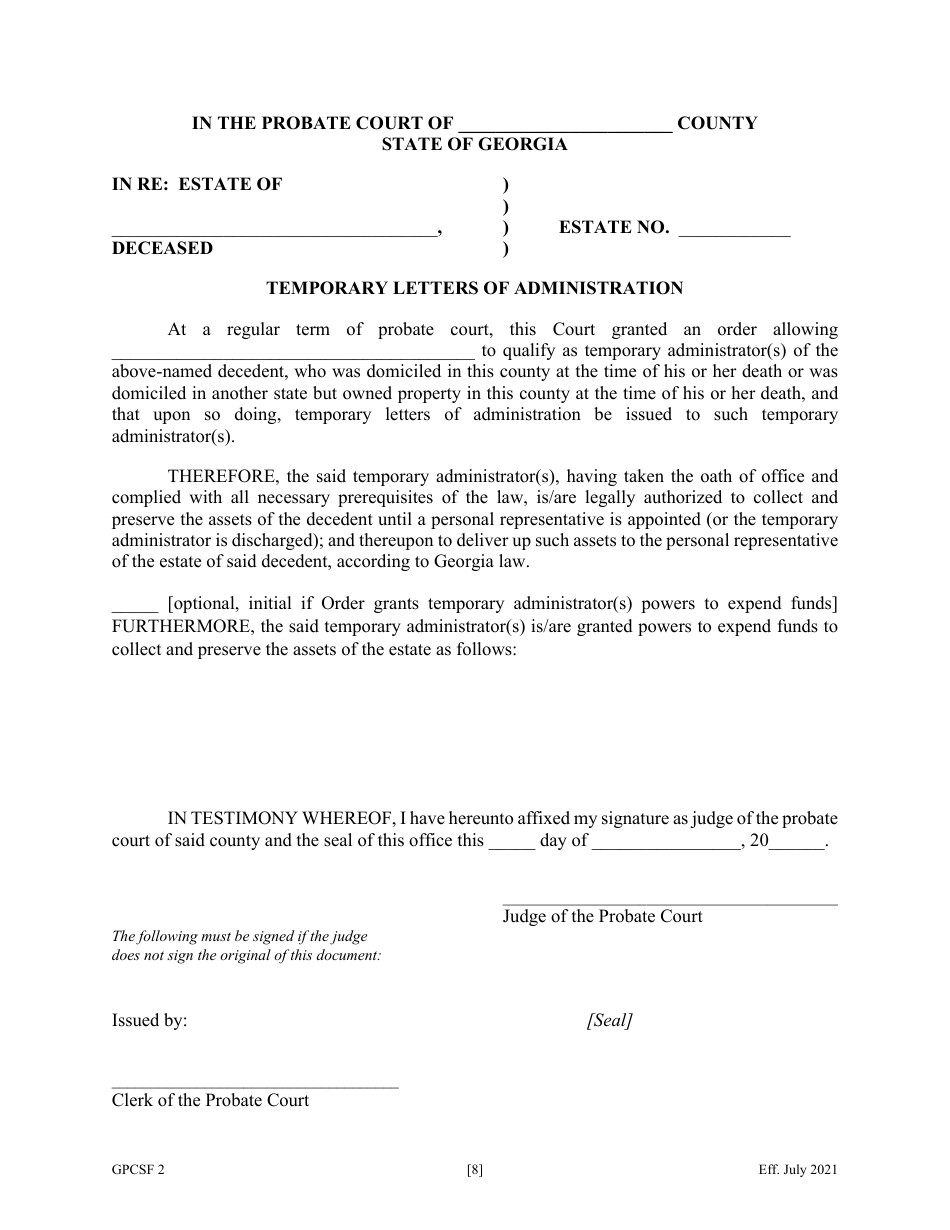 Form GPCSF2 Petition for Temporary Letters of Administration - Georgia (United States), Page 9