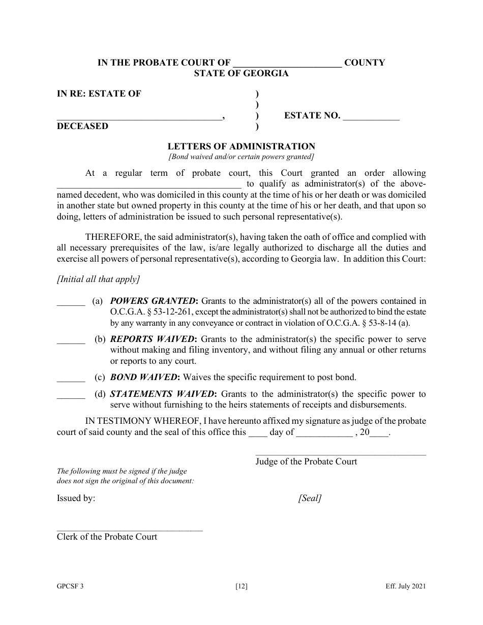 Form GPCSF3 Petition for Letters of Administration - Georgia (United States), Page 14