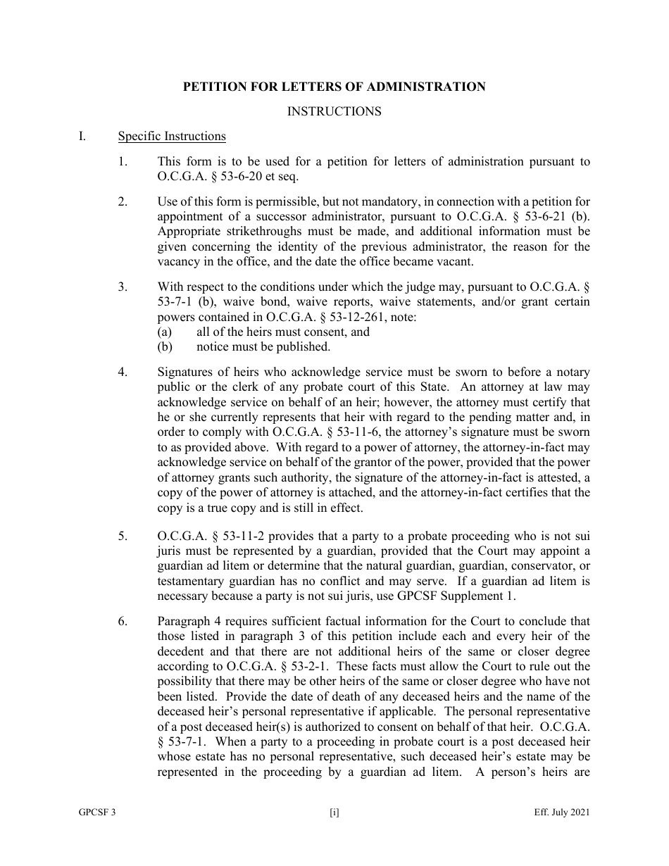 Form GPCSF3 Petition for Letters of Administration - Georgia (United States), Page 1