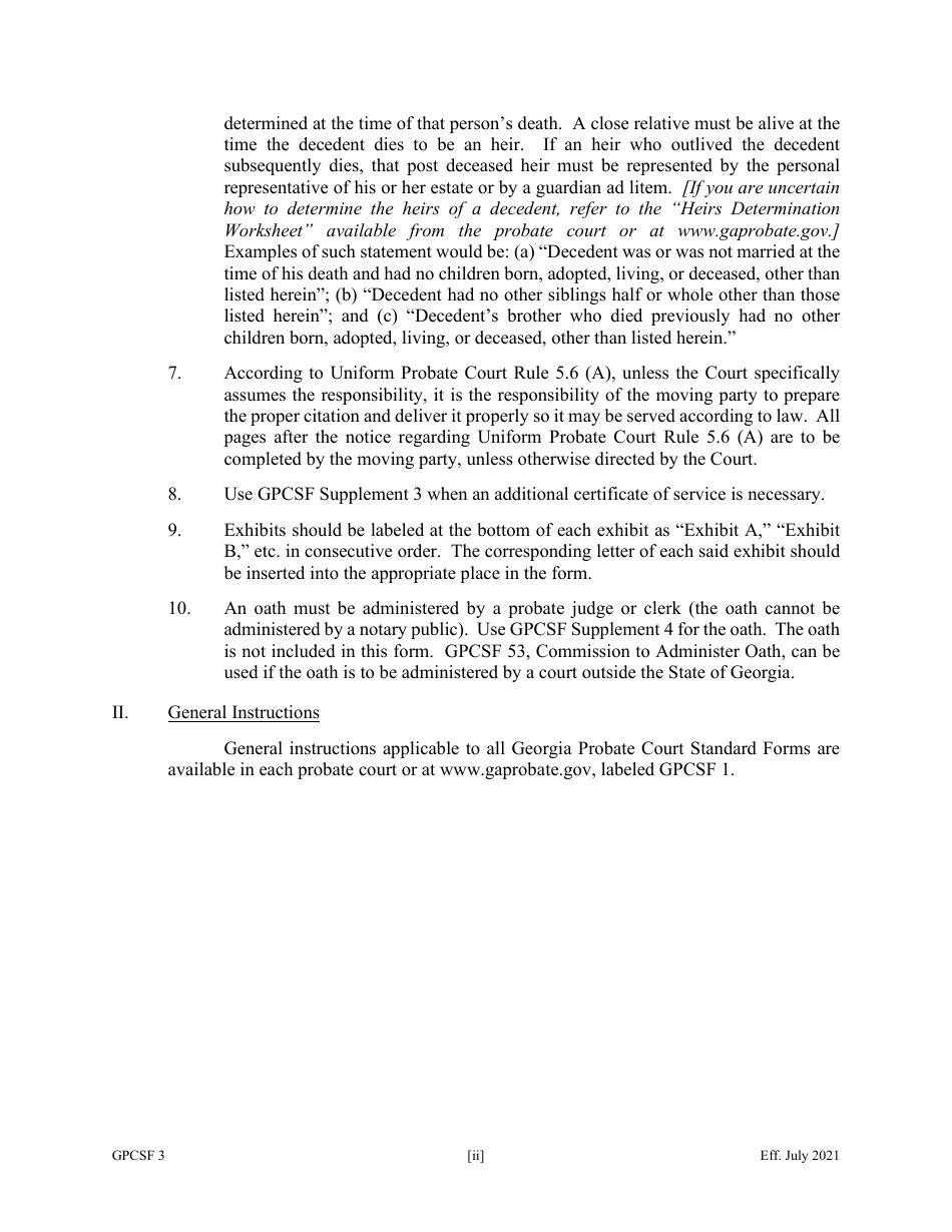 Form GPCSF3 Petition for Letters of Administration - Georgia (United States), Page 2