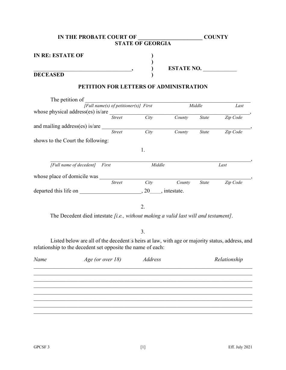 Form GPCSF3 Petition for Letters of Administration - Georgia (United States), Page 3