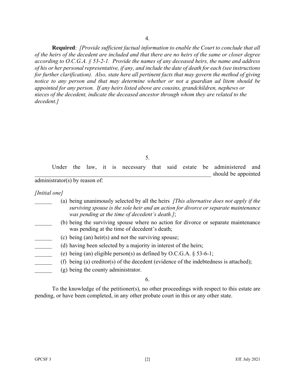 Form GPCSF3 Petition for Letters of Administration - Georgia (United States), Page 4
