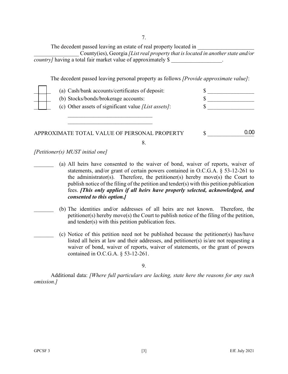 Form GPCSF3 Petition for Letters of Administration - Georgia (United States), Page 5