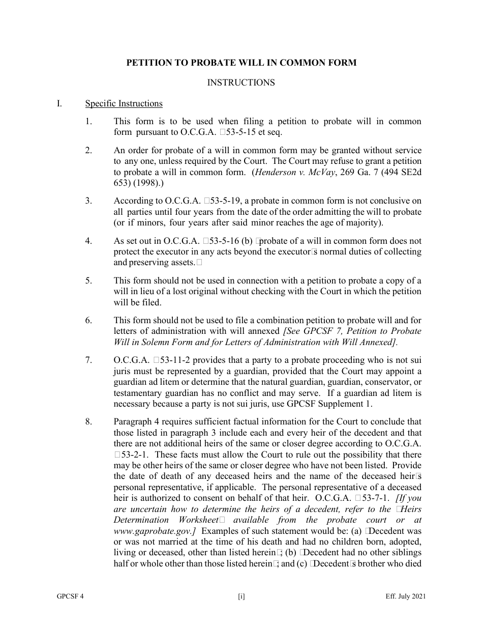 Form GPCSF4 Petition to Probate Will in Common Form - Georgia (United States), Page 1
