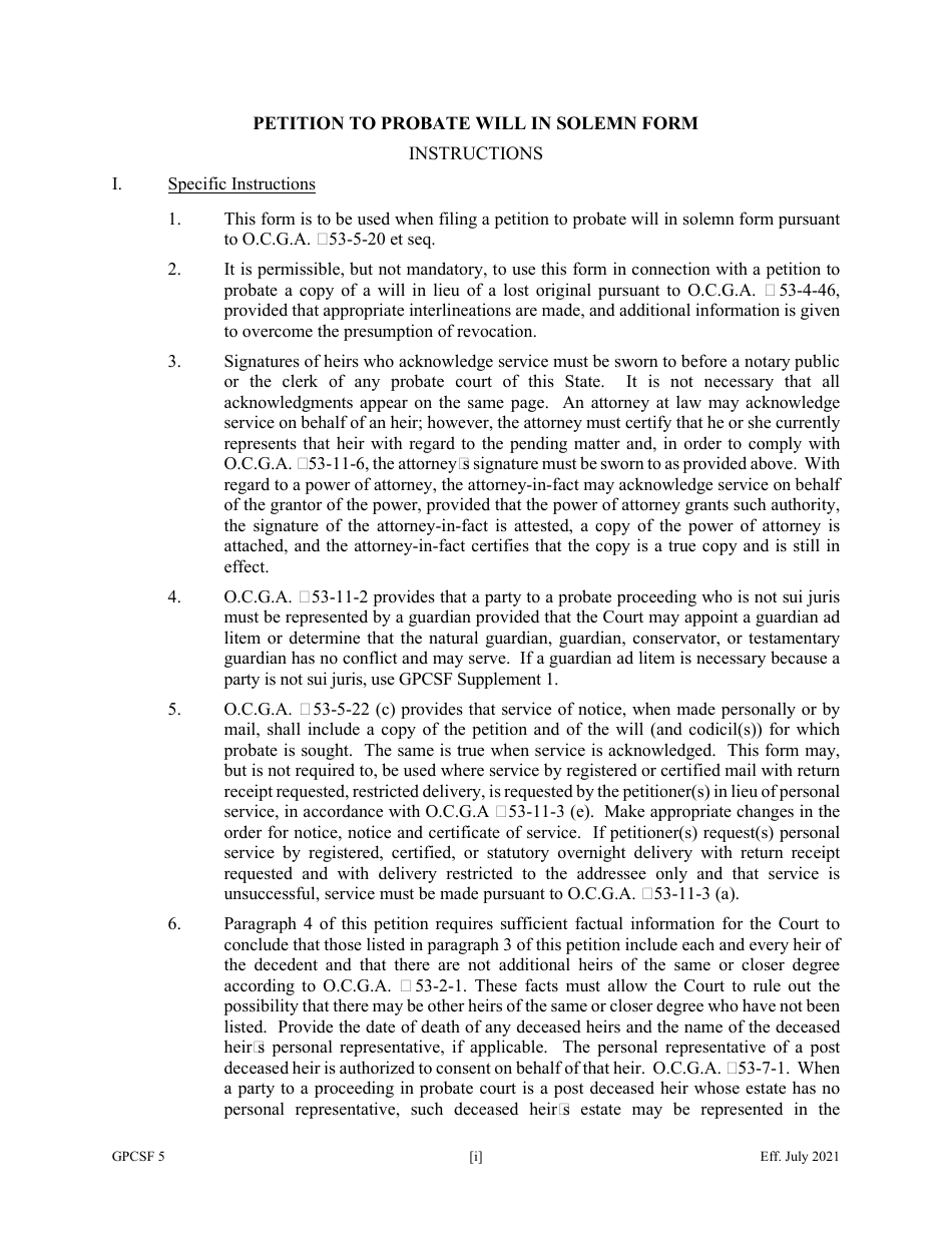 Form GPCSF5 Petition to Probate Will in Solemn Form - Georgia (United States), Page 1