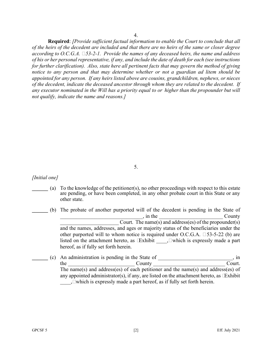 Form GPCSF5 Petition to Probate Will in Solemn Form - Georgia (United States), Page 4