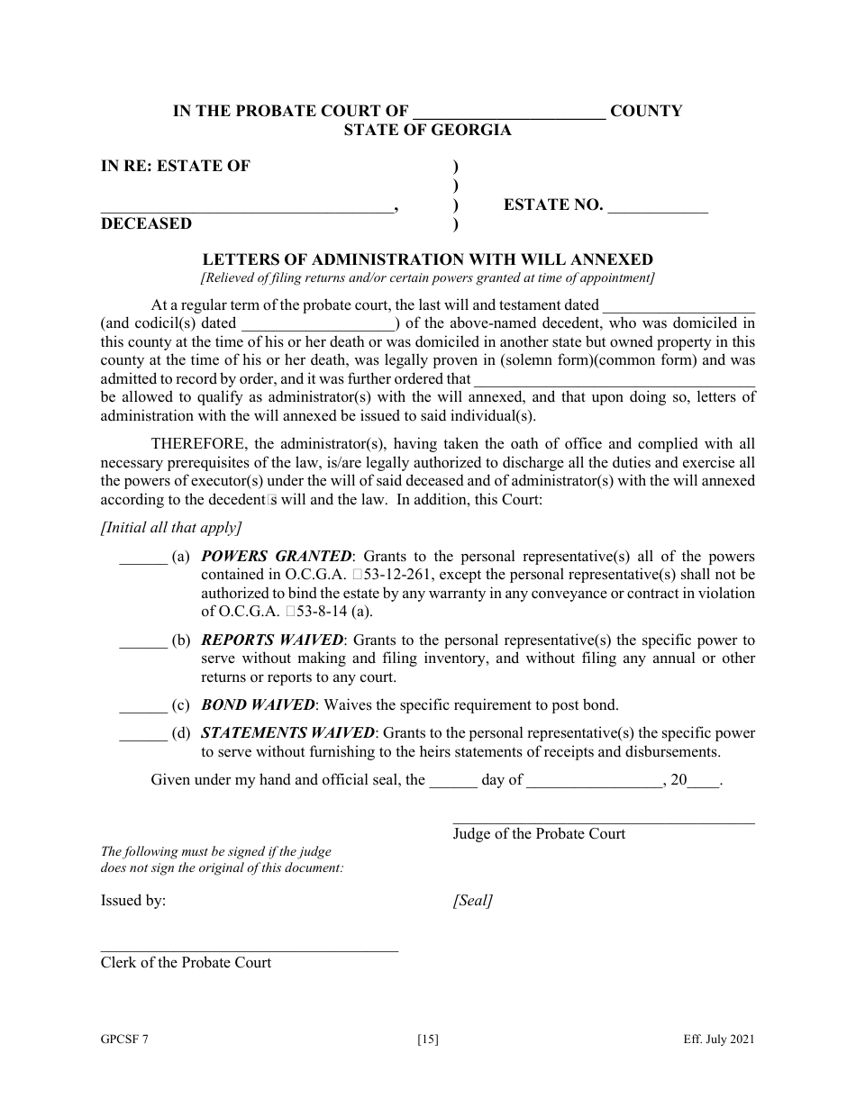 Form GPCSF7 Petition to Probate Will in Solemn Form and for Letters of Administration With Will Annexed - Georgia (United States), Page 18