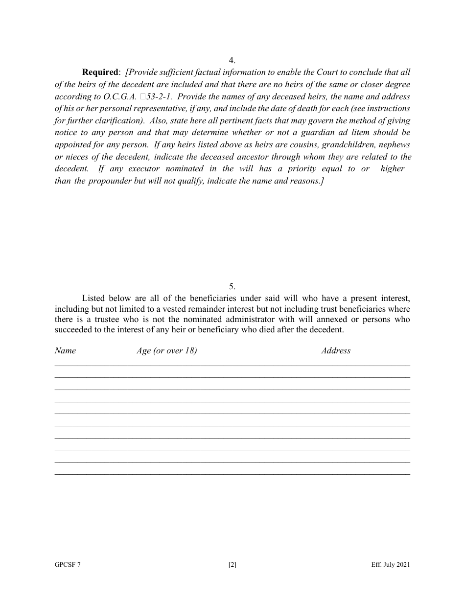Form GPCSF7 Petition to Probate Will in Solemn Form and for Letters of Administration With Will Annexed - Georgia (United States), Page 5