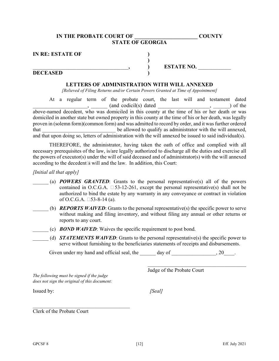 Form GPCSF8 Petition for Letters of Administration With Will Annexed - Will Previously Probated - Georgia (United States), Page 14