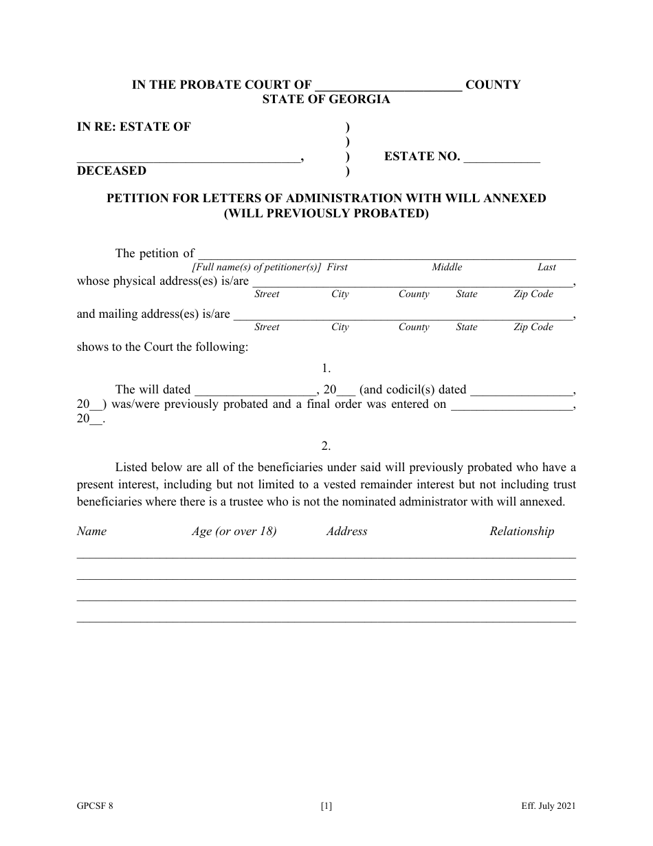 Form GPCSF8 Petition for Letters of Administration With Will Annexed - Will Previously Probated - Georgia (United States), Page 3