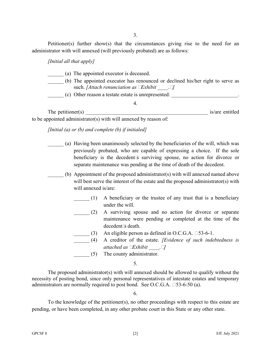 Form GPCSF8 Petition for Letters of Administration With Will Annexed - Will Previously Probated - Georgia (United States), Page 4