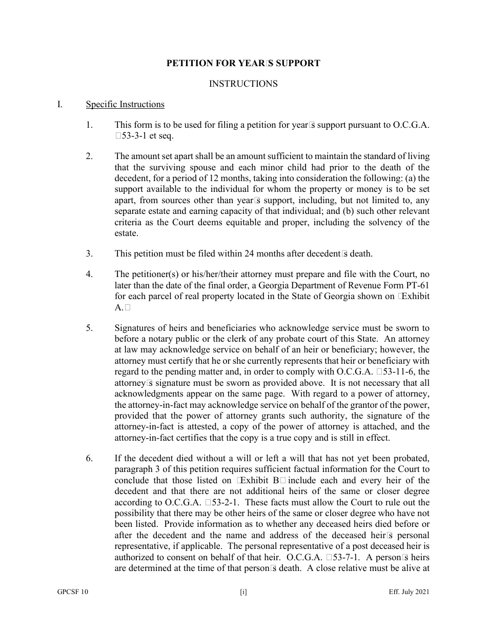 Form GPCSF10 Petition for Years Support - Georgia (United States), Page 1