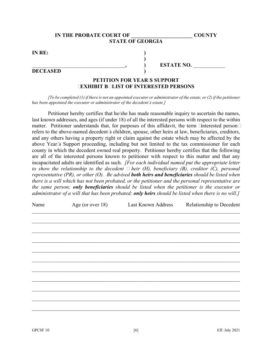 Form GPCSF10 Download Fillable PDF or Fill Online Petition for Year's ...