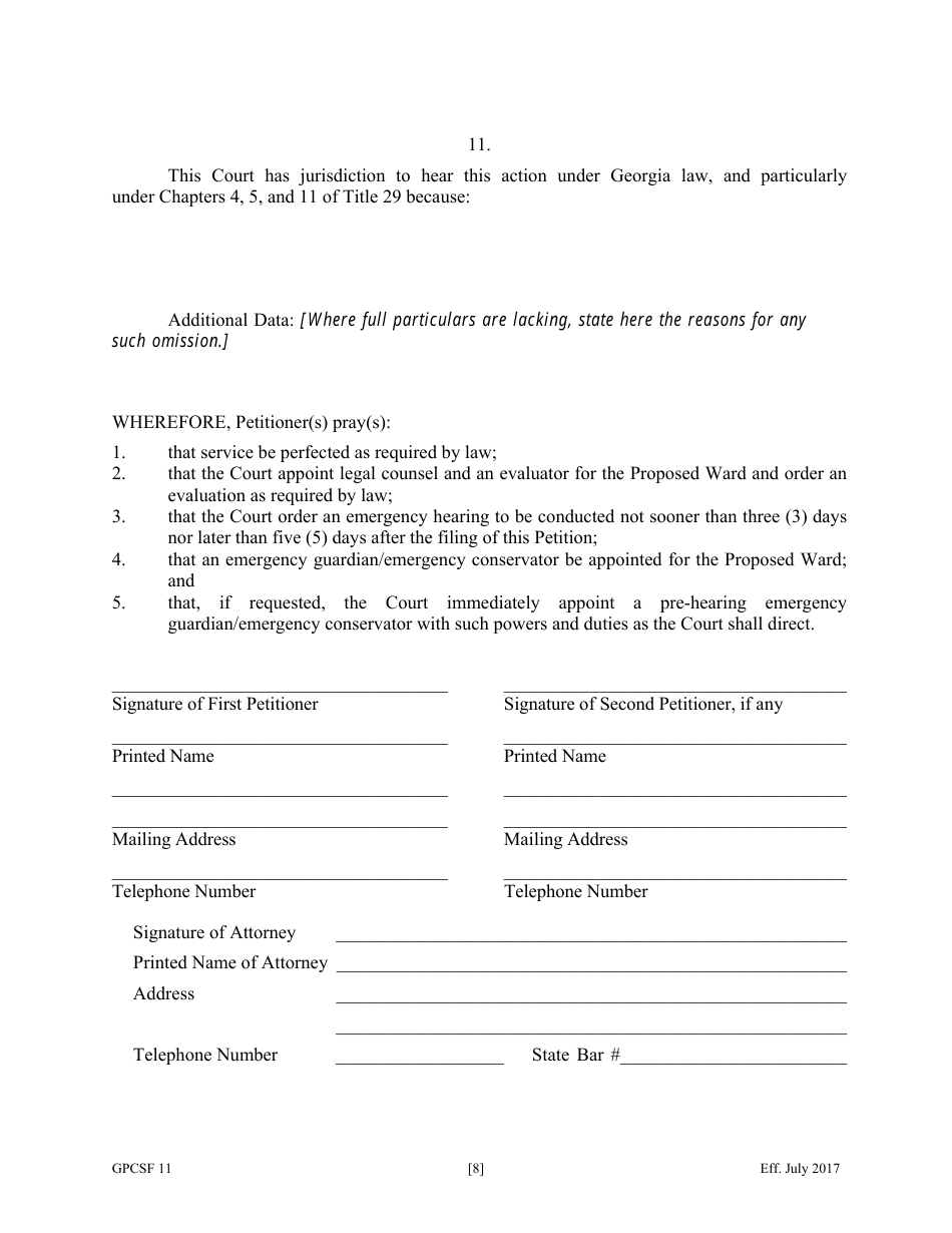 Form GPCSF11 Petition for Appointment of an Emergency Guardian and / or Emergency Conservator for a Proposed Ward - Georgia (United States), Page 10