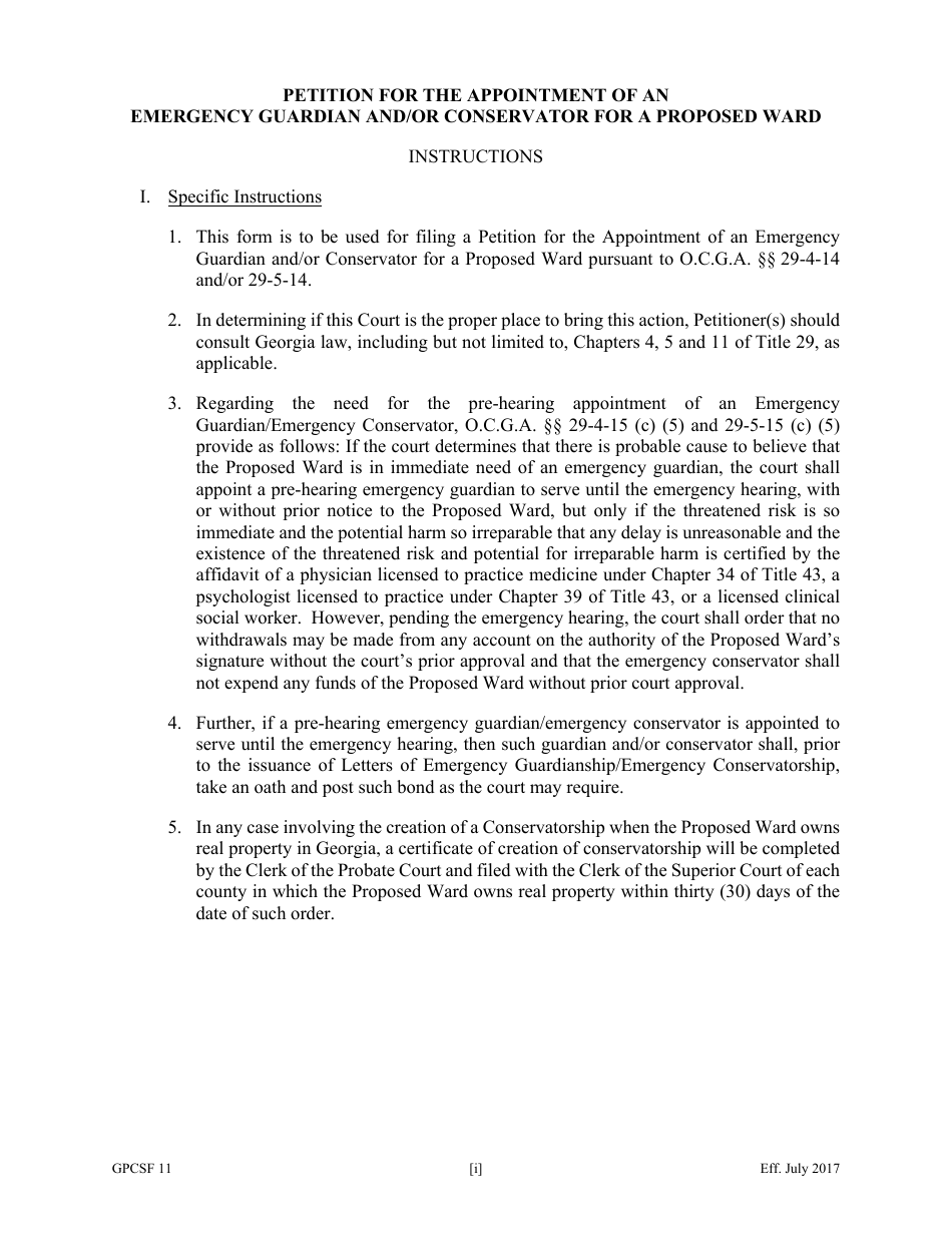 Form GPCSF11 Petition for Appointment of an Emergency Guardian and / or Emergency Conservator for a Proposed Ward - Georgia (United States), Page 1