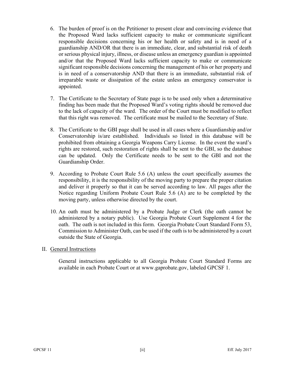 Form GPCSF11 Petition for Appointment of an Emergency Guardian and / or Emergency Conservator for a Proposed Ward - Georgia (United States), Page 2