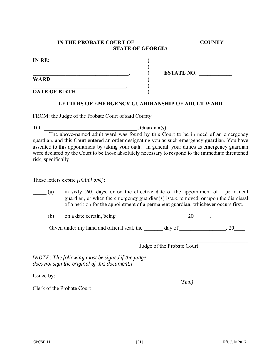 Form GPCSF11 Petition for Appointment of an Emergency Guardian and / or Emergency Conservator for a Proposed Ward - Georgia (United States), Page 33