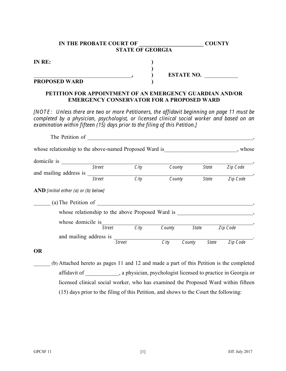 Form GPCSF11 Petition for Appointment of an Emergency Guardian and / or Emergency Conservator for a Proposed Ward - Georgia (United States), Page 3
