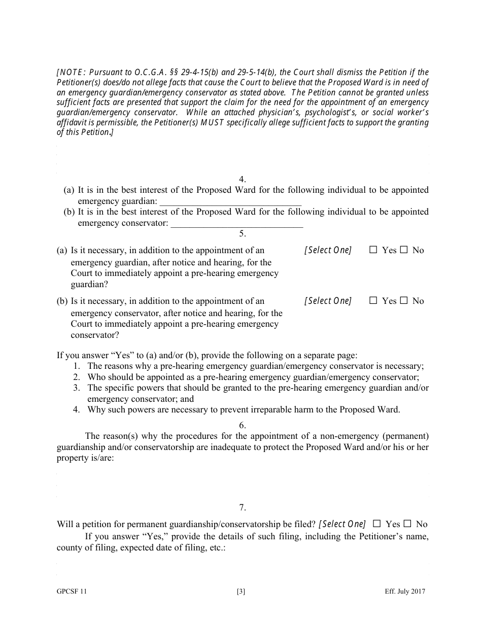 Form GPCSF11 Petition for Appointment of an Emergency Guardian and / or Emergency Conservator for a Proposed Ward - Georgia (United States), Page 5