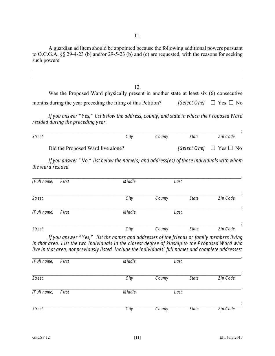 Form GPCSF12 Petition for Appointment of a Guardian and / or Conservator for a Proposed Ward - Georgia (United States), Page 13