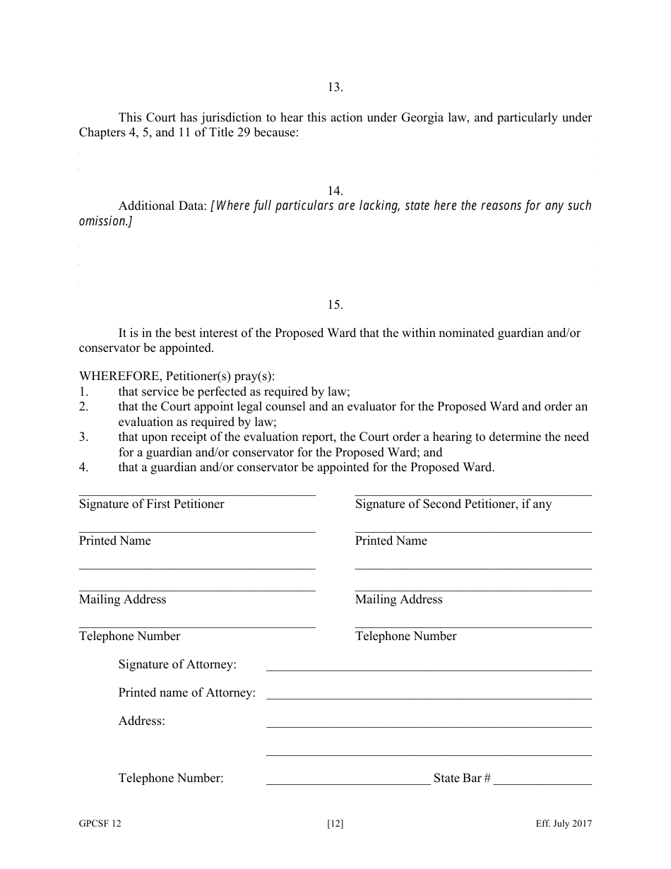 Form GPCSF12 Petition for Appointment of a Guardian and / or Conservator for a Proposed Ward - Georgia (United States), Page 14
