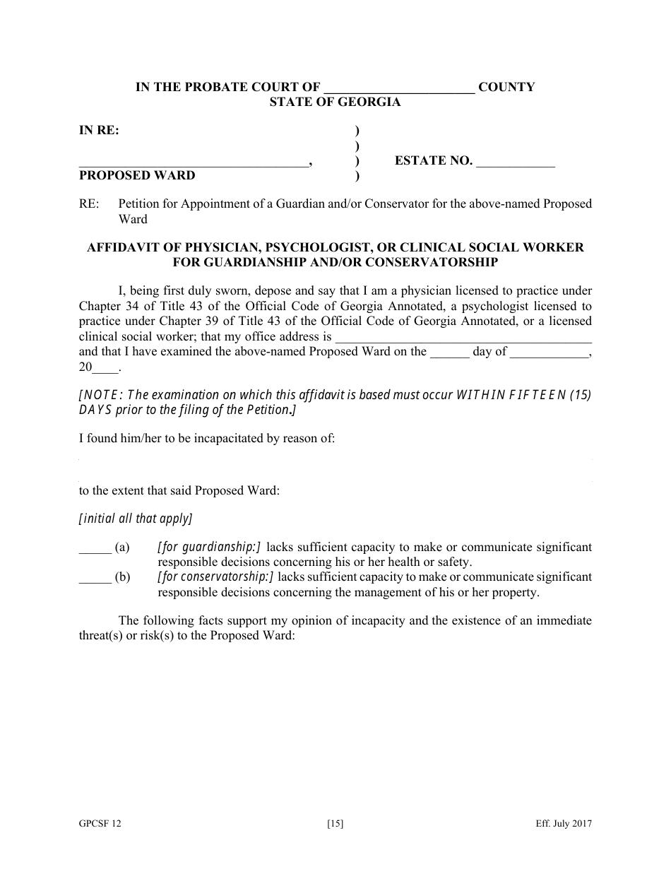 Form GPCSF12 Petition for Appointment of a Guardian and / or Conservator for a Proposed Ward - Georgia (United States), Page 17