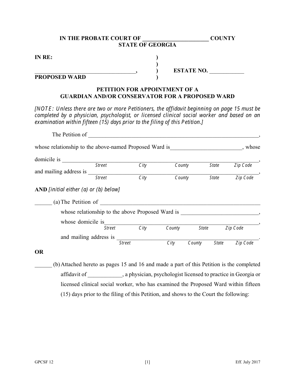 Form GPCSF12 Petition for Appointment of a Guardian and / or Conservator for a Proposed Ward - Georgia (United States), Page 3