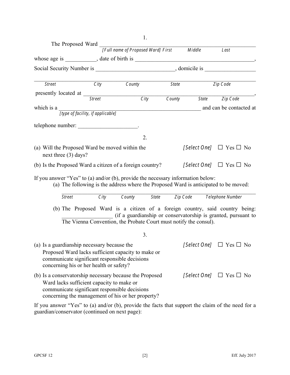 Form GPCSF12 Petition for Appointment of a Guardian and / or Conservator for a Proposed Ward - Georgia (United States), Page 4