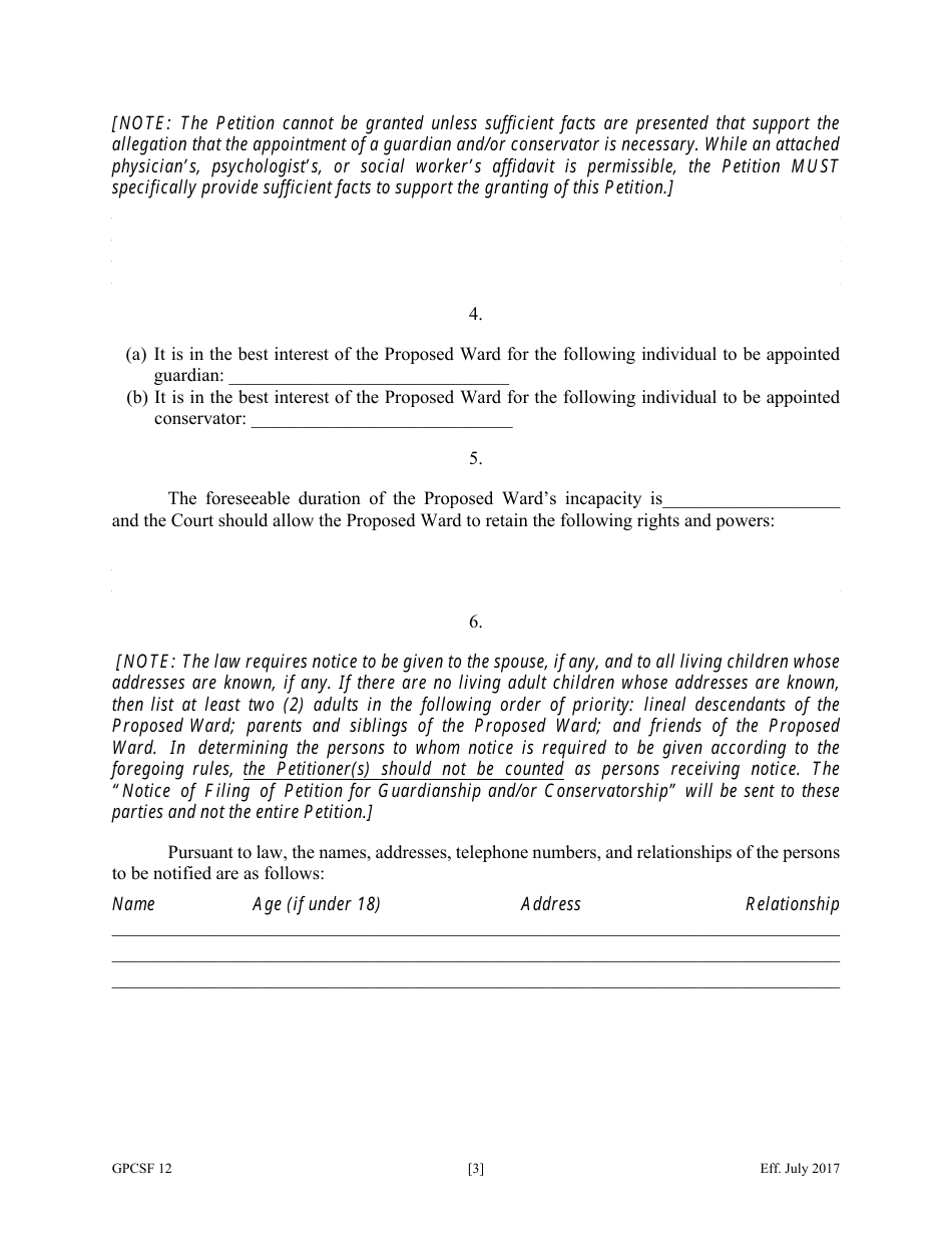 Form GPCSF12 Petition for Appointment of a Guardian and / or Conservator for a Proposed Ward - Georgia (United States), Page 5
