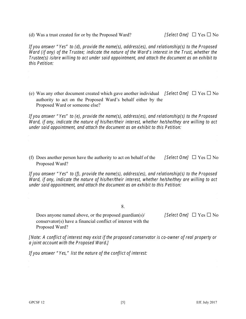Form GPCSF12 Petition for Appointment of a Guardian and / or Conservator for a Proposed Ward - Georgia (United States), Page 7