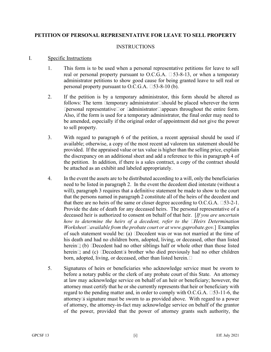 Form GPCSF13 Petition for Leave to Sell Property - Georgia (United States), Page 1