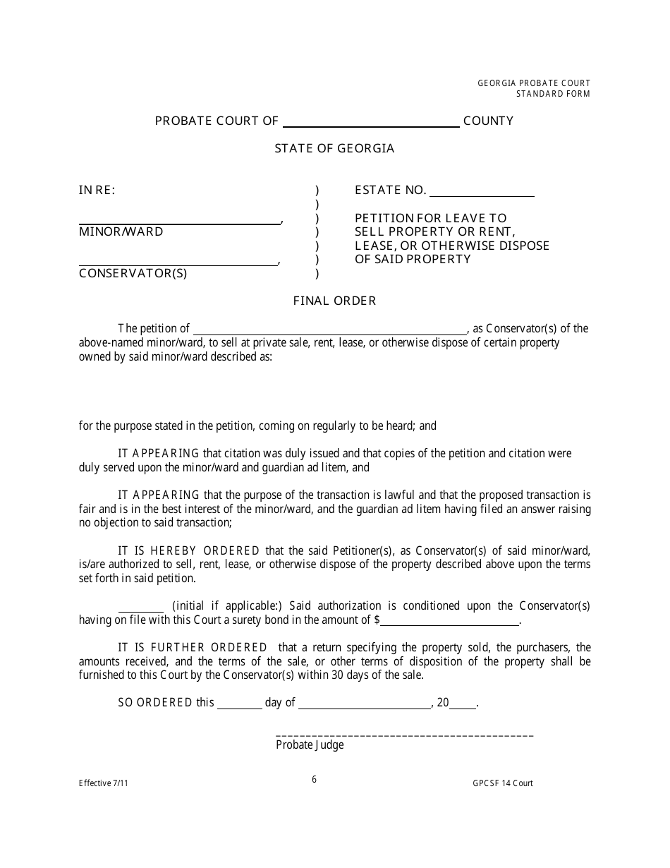 Form GPCSF14 Petition of Conservator for Leave to Sell Real or Personal Property or Rent, Lease, or Otherwise Dispose of Said Property - Georgia (United States), Page 11