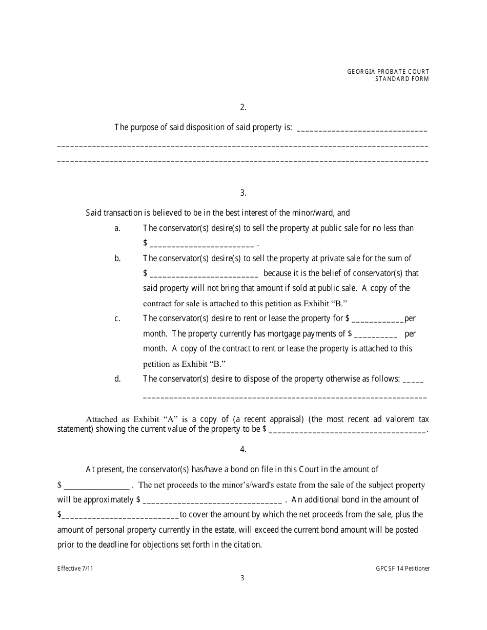 Form GPCSF14 Petition of Conservator for Leave to Sell Real or Personal Property or Rent, Lease, or Otherwise Dispose of Said Property - Georgia (United States), Page 3