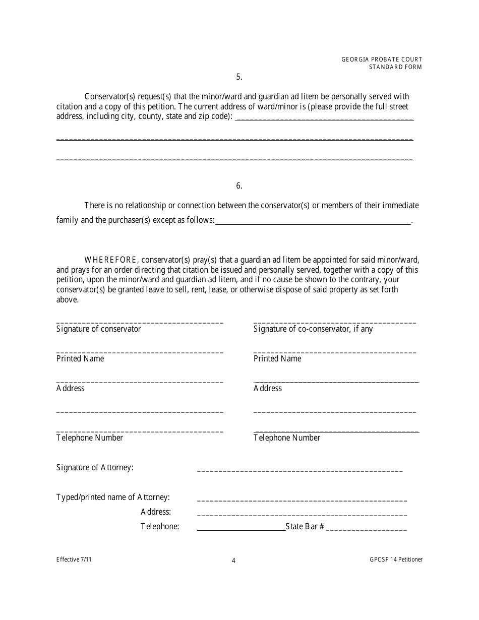 Form GPCSF14 Petition of Conservator for Leave to Sell Real or Personal Property or Rent, Lease, or Otherwise Dispose of Said Property - Georgia (United States), Page 4