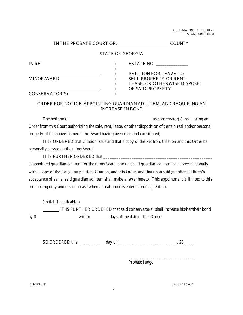 Form GPCSF14 Petition of Conservator for Leave to Sell Real or Personal Property or Rent, Lease, or Otherwise Dispose of Said Property - Georgia (United States), Page 7