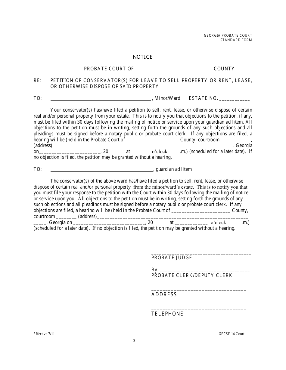 Form GPCSF14 Petition of Conservator for Leave to Sell Real or Personal Property or Rent, Lease, or Otherwise Dispose of Said Property - Georgia (United States), Page 8