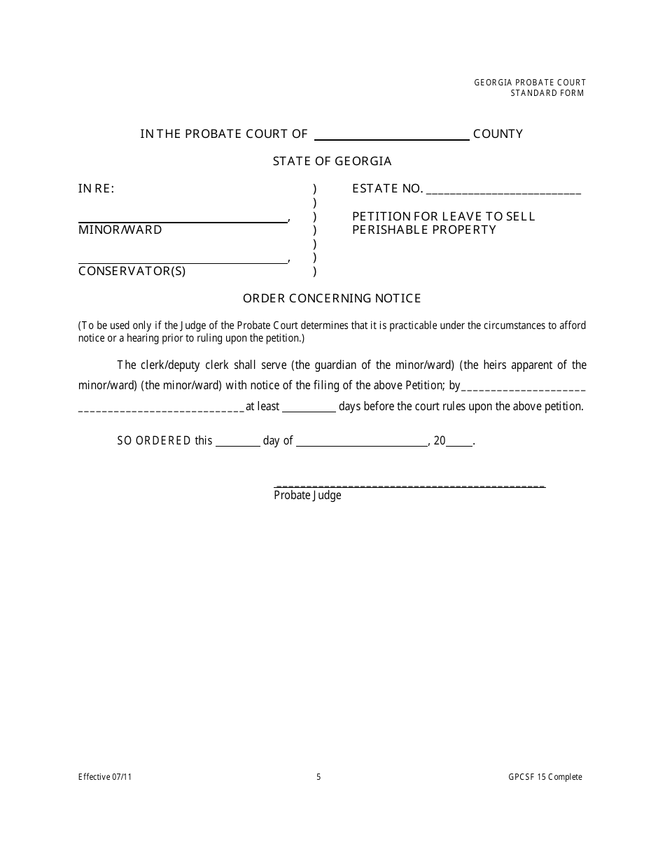 Form GPCSF15 Petition for Leave to Sell Perishable Property by Conservator - Georgia (United States), Page 6