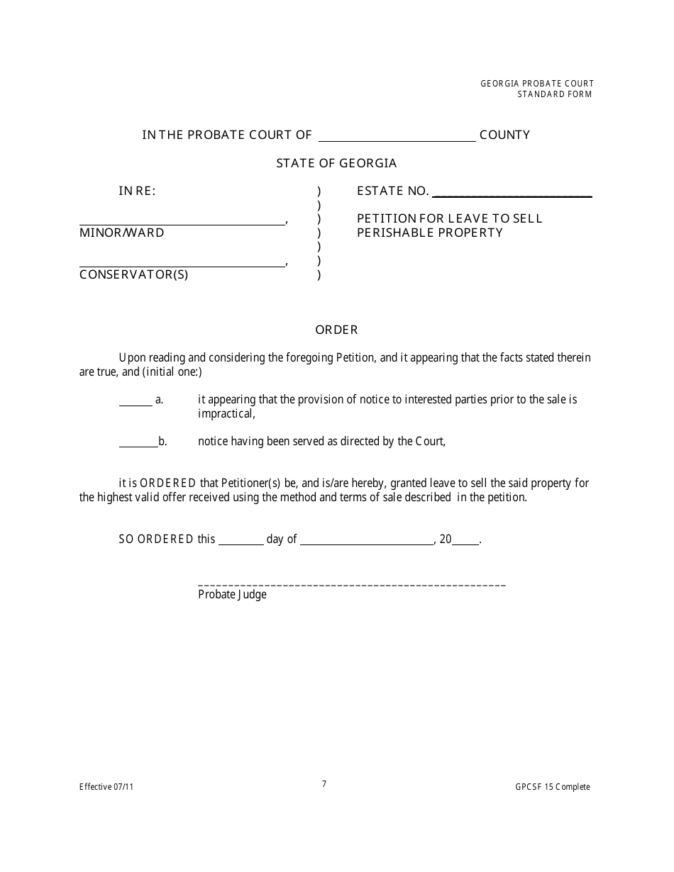 Form GPCSF15 Petition for Leave to Sell Perishable Property by Conservator - Georgia (United States), Page 8