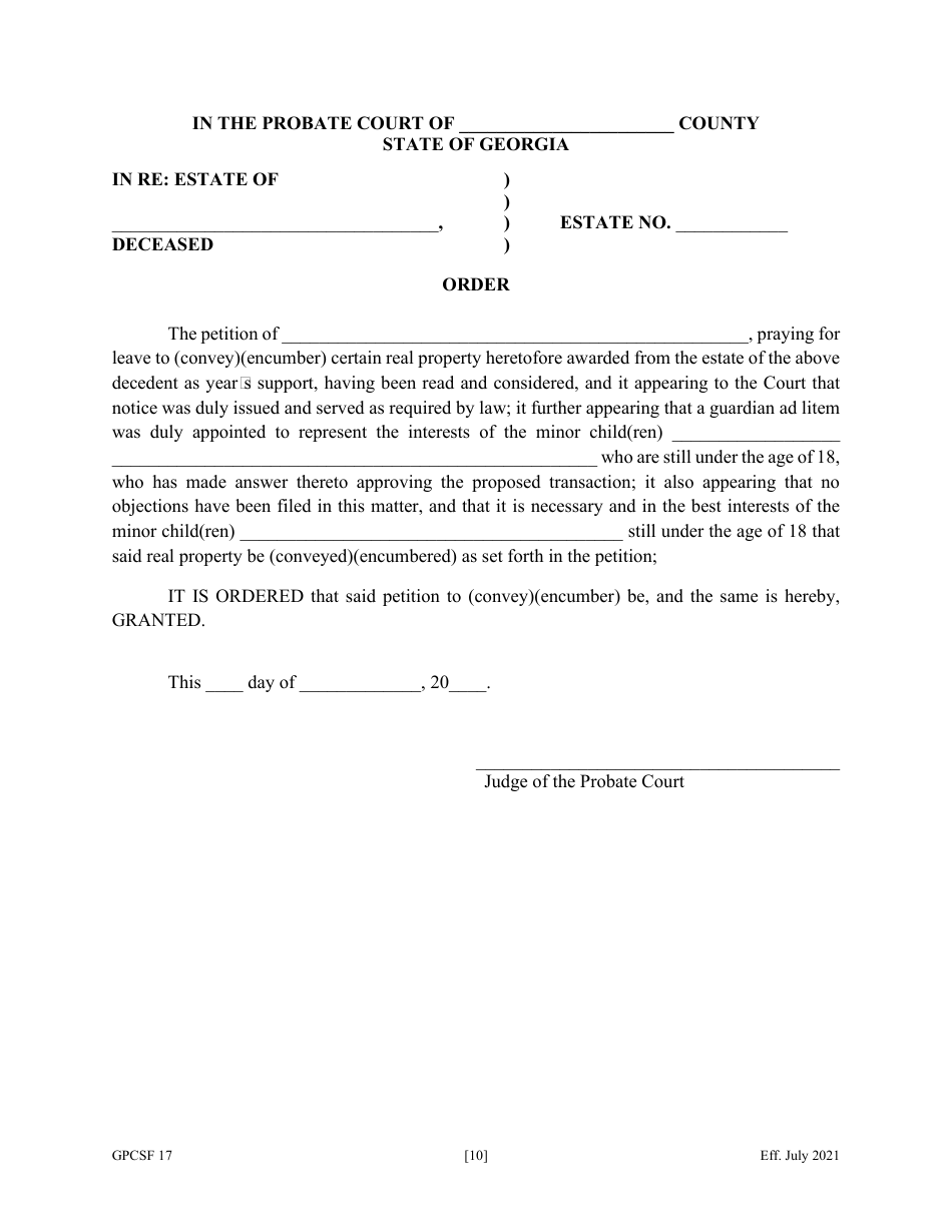 Form GPCSF17 Petition for Leave to Convey or Encumber Property Previously Set Apart as Years Support - Georgia (United States), Page 12