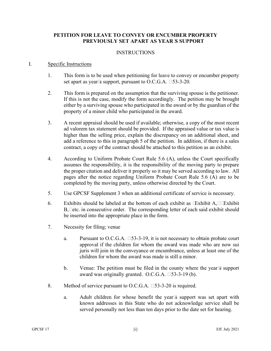 Form GPCSF17 Petition for Leave to Convey or Encumber Property Previously Set Apart as Years Support - Georgia (United States), Page 1