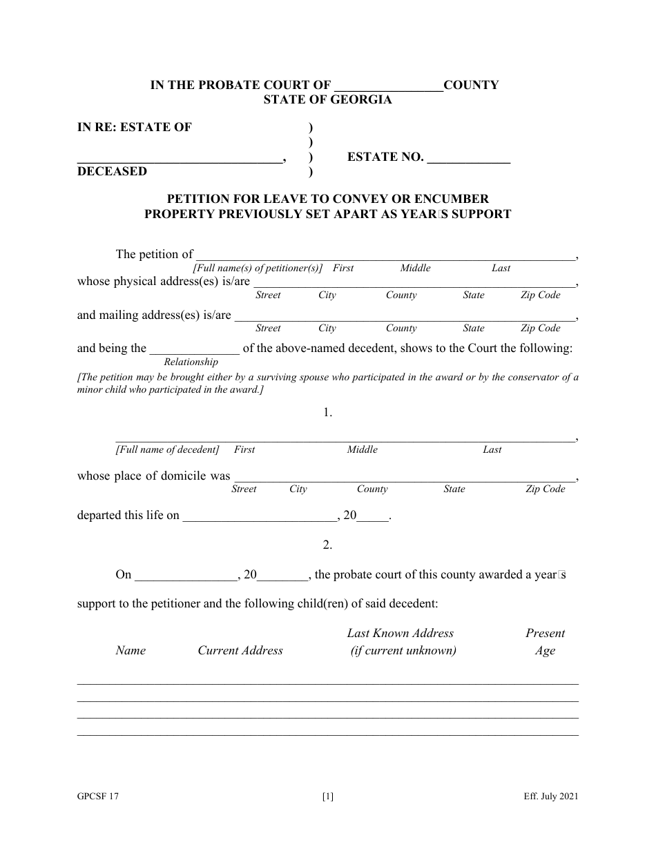 Form GPCSF17 Petition for Leave to Convey or Encumber Property Previously Set Apart as Years Support - Georgia (United States), Page 3