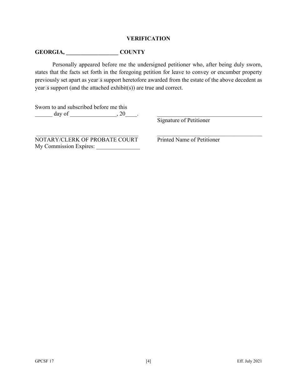 Form GPCSF17 Petition for Leave to Convey or Encumber Property Previously Set Apart as Years Support - Georgia (United States), Page 6