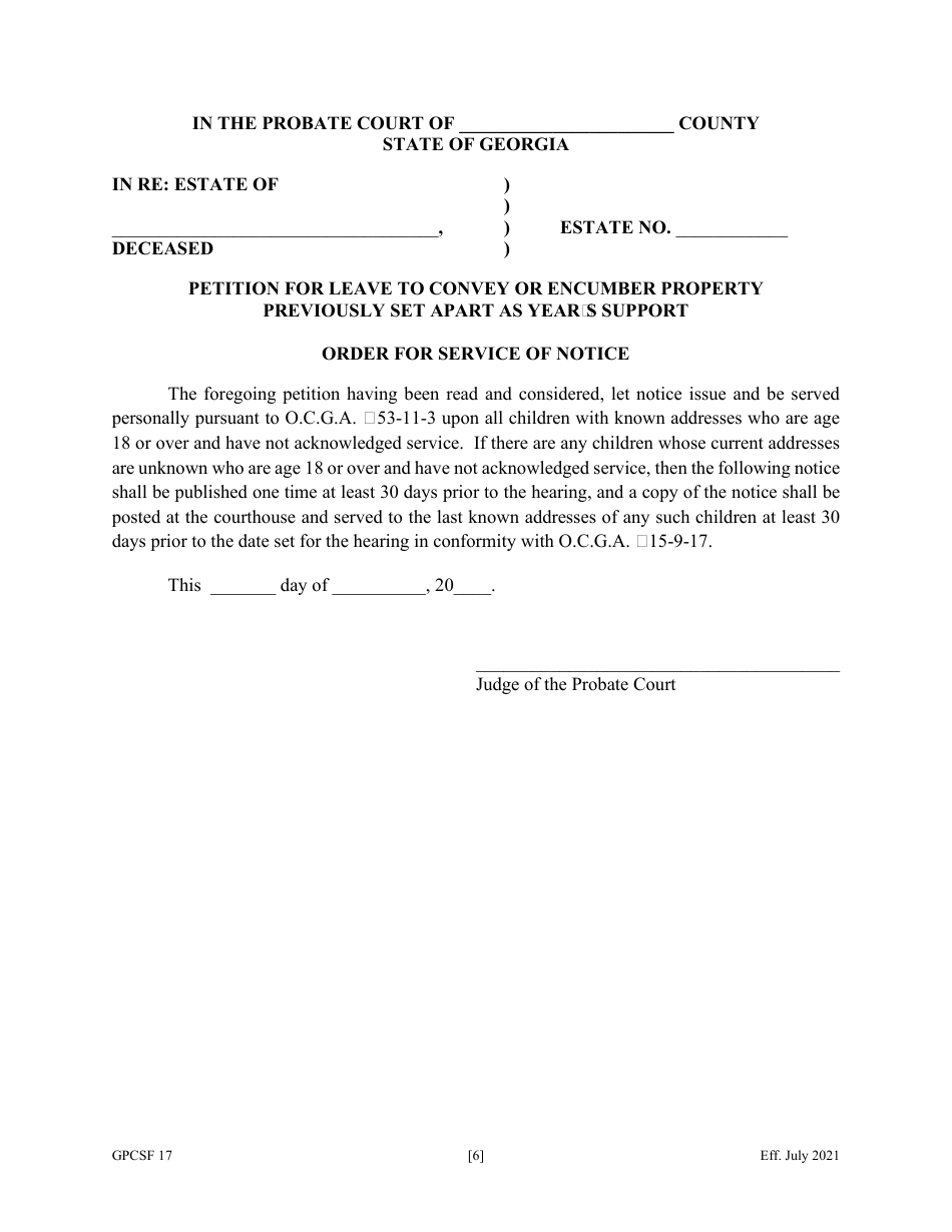 Form GPCSF17 Petition for Leave to Convey or Encumber Property Previously Set Apart as Years Support - Georgia (United States), Page 8