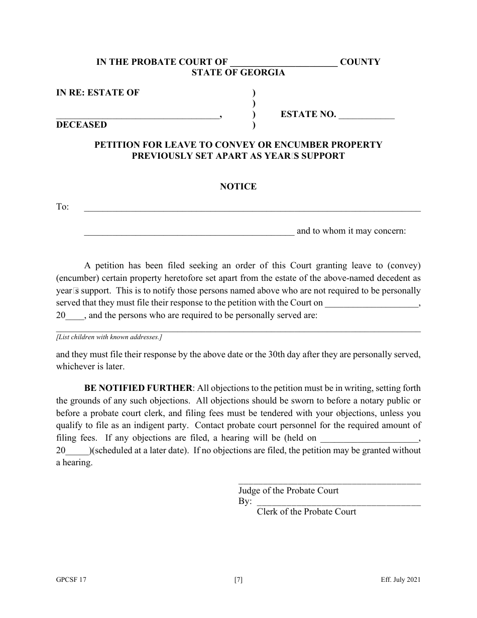 Form GPCSF17 Petition for Leave to Convey or Encumber Property Previously Set Apart as Years Support - Georgia (United States), Page 9