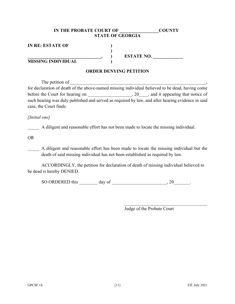 Form GPCSF18 Petition for Declaration of Death of Missing Individual Believed to Be Dead - Georgia (United States), Page 13
