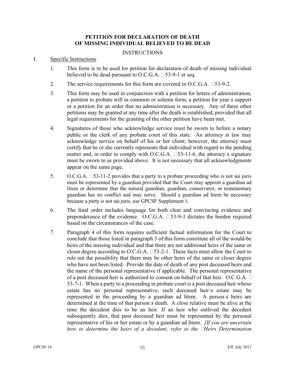 Form GPCSF18 Petition for Declaration of Death of Missing Individual Believed to Be Dead - Georgia (United States), Page 1